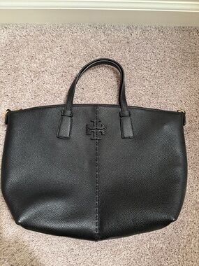 Tory Burch Black Pebbled Leather Tote with Top Handles